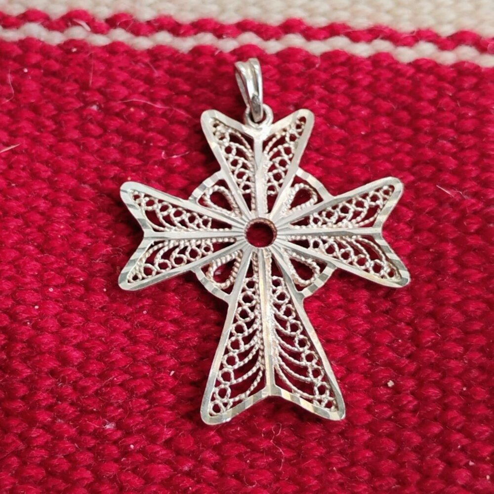 Filigree Sterling Silver Maltese Cross Pendant 1 5/8" Long Handmade - Picture 2 of 6